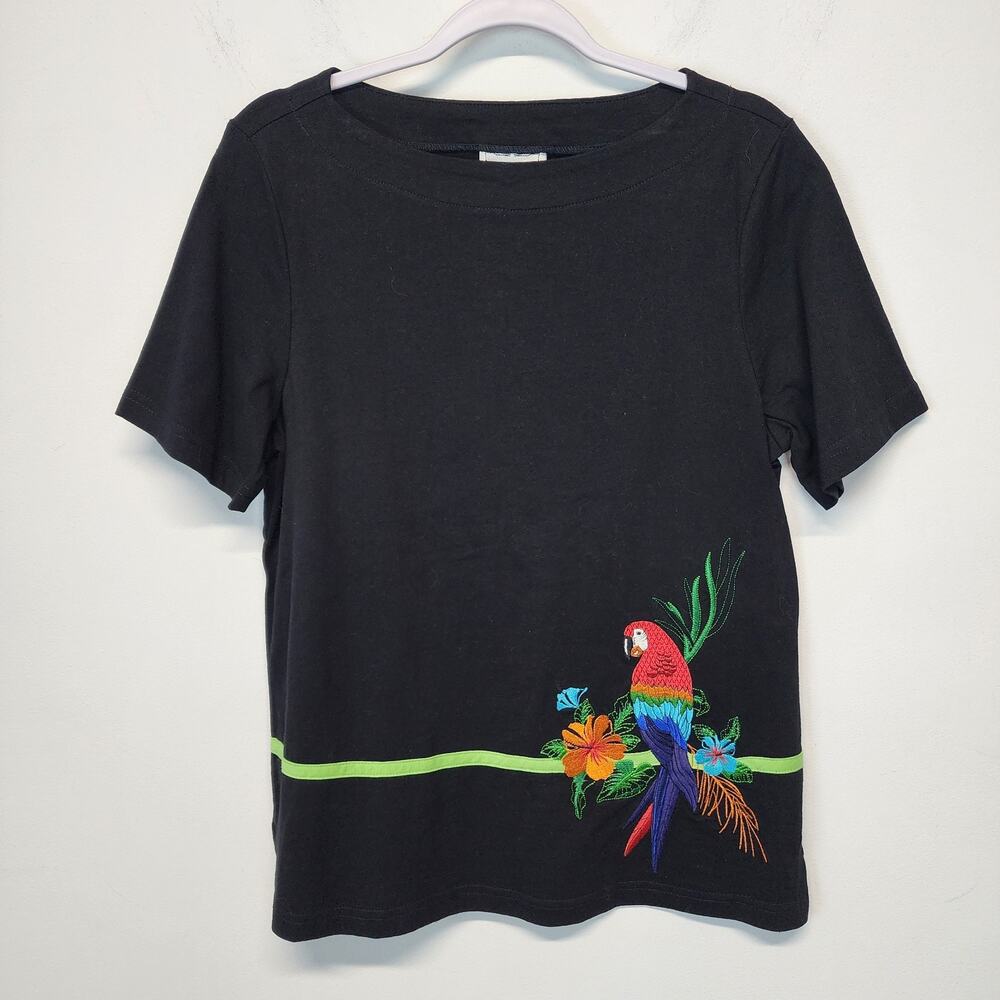 Fine Line Womens Embroidered Parrot Shirt Top Size S Black Tropical 100% Cotton
